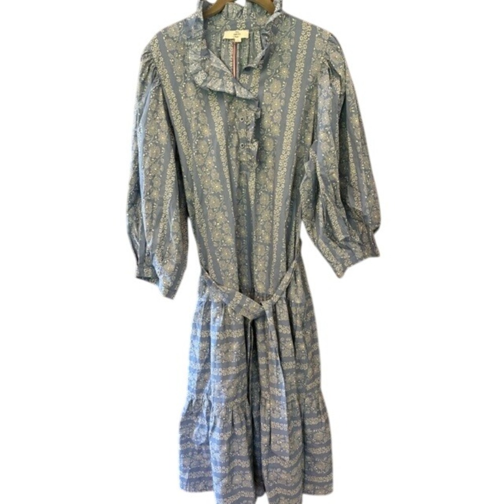 Entro Floral Tiered Midi Dress Womens Large Blue NWT Ruffle Balloon Sleeve Cotto